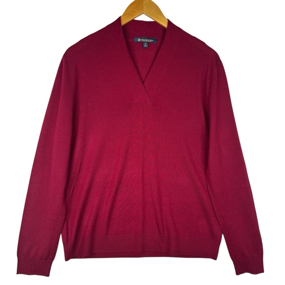 Brooks Brothers Merino Wool Sweater Mens V Neck Burgundy Classic Pullover XL